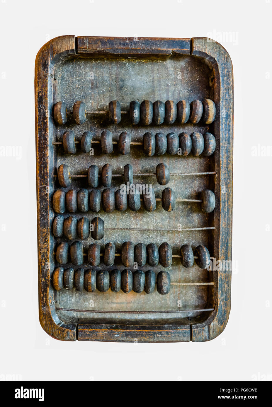 Alte abacus Berechnung Gerät. Sehr alt, verwendet und Grunge. Auf weissem Hintergrund. Zurück zu Schule, Mathematik Thema Stockfoto