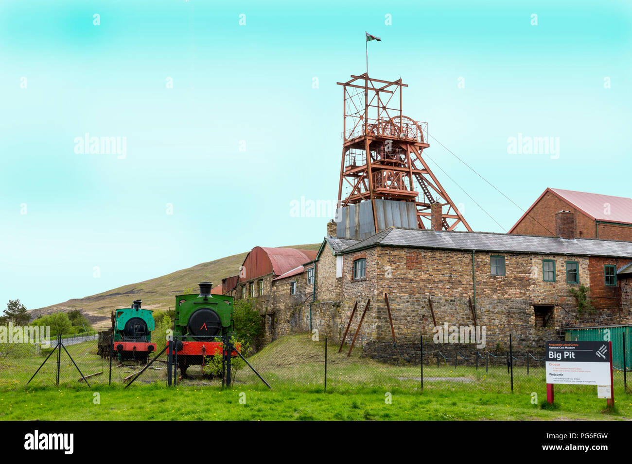 Der Förderturm und erhaltenen Dampfmaschinen im Big Pit - ein ehemaliges Bergwerk heute ein UNESCO-Welterbe in Blaenavon, Gwent, Wales, Großbritannien Stockfoto