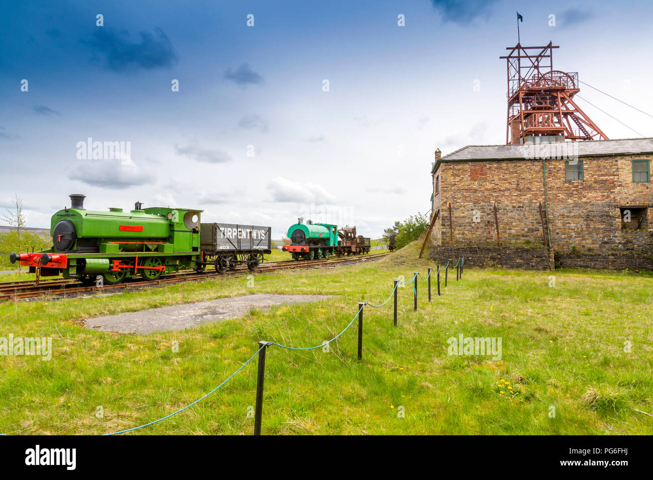 Erhaltene Andrew Barclay Söhne Lokomotive Nora Nr. 5 bei Big Pit - ein ehemaliges Bergwerk heute ein UNESCO-Welterbe in Blaenavon, Gwent, Wales, Großbritannien Stockfoto
