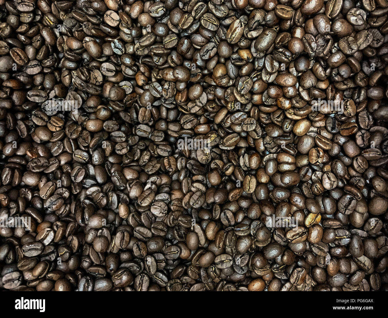 Detail von gerösteten Kaffeebohnen. Stockfoto