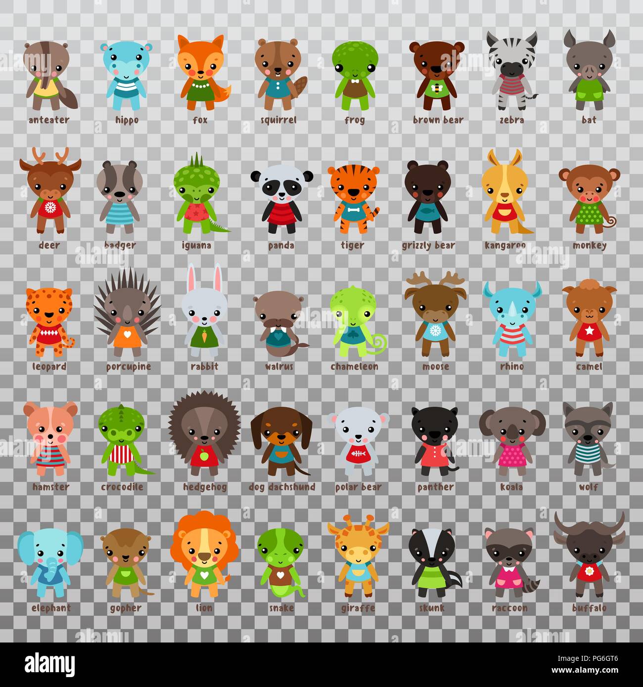 Satz von Cartoon Tiere. Ameisenbär und Hippo, Fuchs und Eichhörnchen, Frosch und Bären, Zebras und Reh, Dachs und Leguan Eidechse, Tiger und Panda, Elche und Rhino, Kamel und bat Bird, Känguru, Monkey. Zoo Symbole Stock Vektor