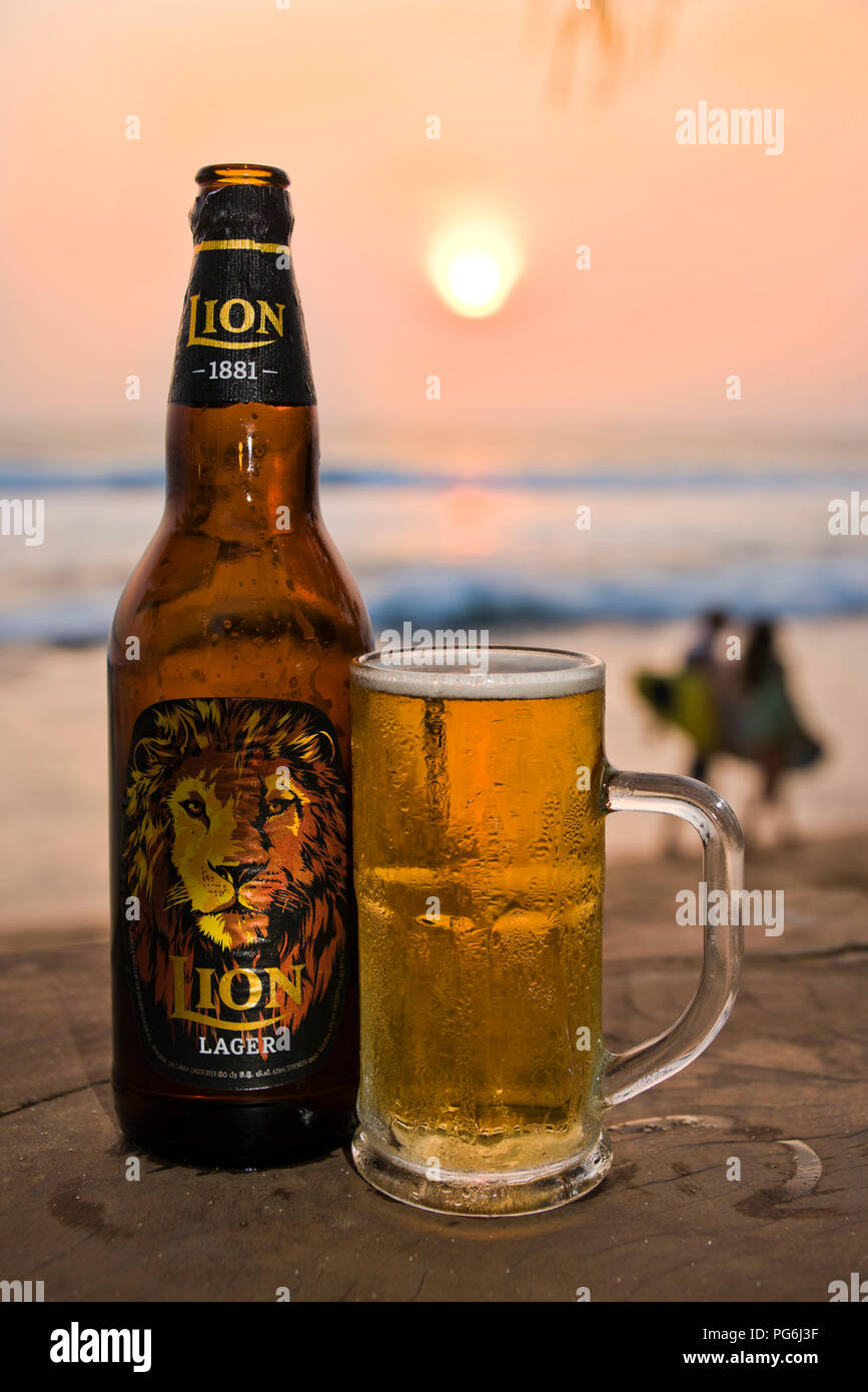 Vertikale Nahaufnahme von einer Flasche Lion Lager in Sri Lanka. Stockfoto