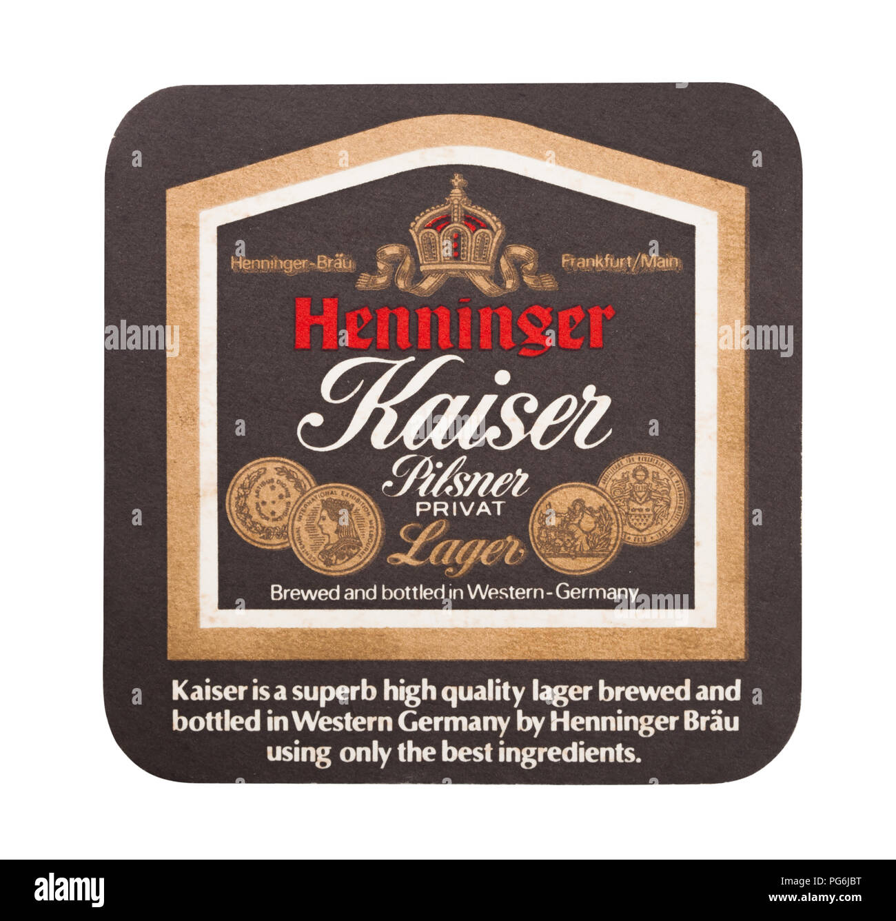 LONDON, UK - 22. AUGUST 2018: Heninger Kaiser Pilsener Bier Papier beermat Coaster auf weißem Hintergrund. Stockfoto