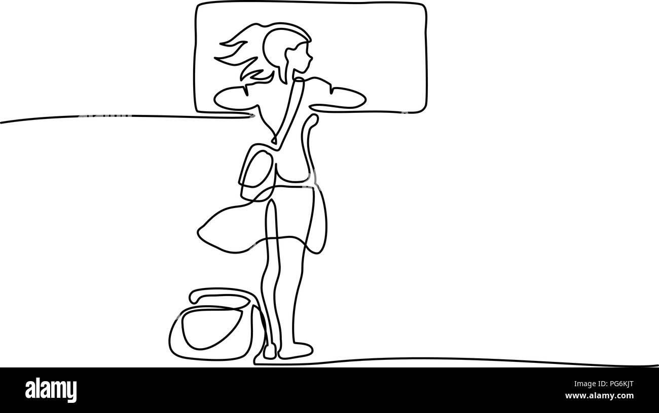 Kontinuierliche eine Linie zeichnen. Junge Frau traveler mit Blick aus dem Fenster der Bahn. Vector Illustration Stock Vektor