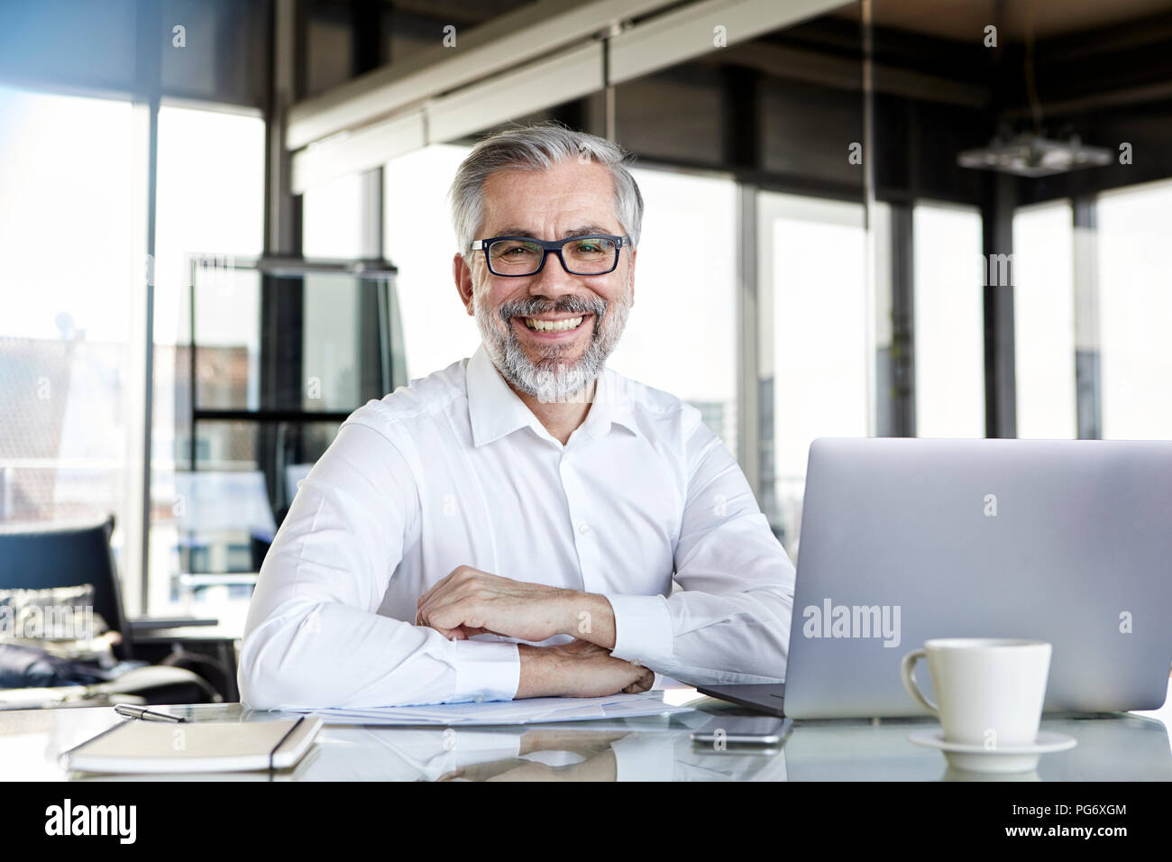 Portrait von lächelnden Geschäftsmann mit Laptop auf dem Schreibtisch im Büro Stockfoto