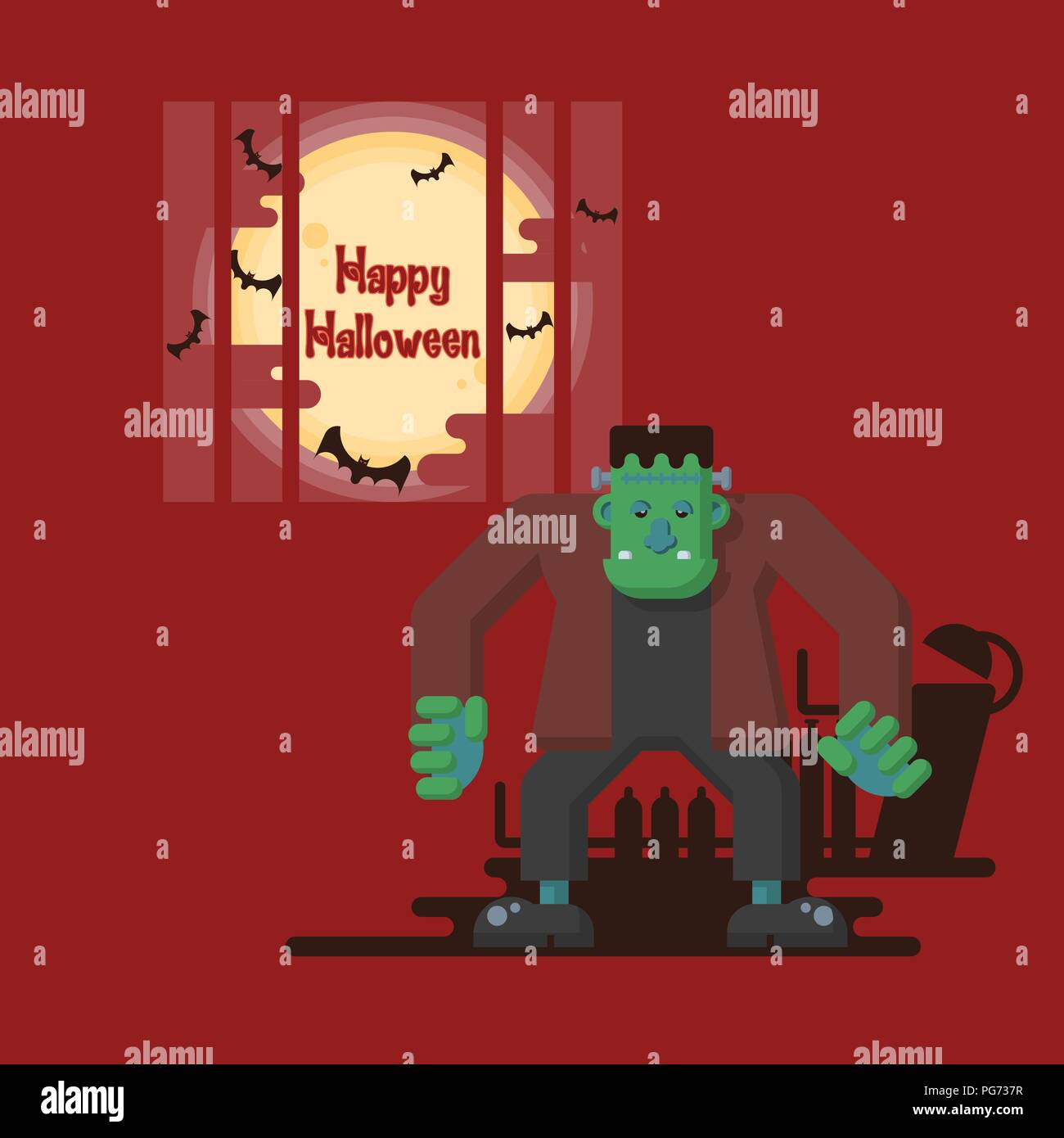 Happy Halloween, Frankenstein stehen in einem Labor in der Nacht mit Stahl Bar, glühenden Vollmond und fliegende Fledermäuse mit dunklen Schatten auf rotem Hintergrund in Carto Stock Vektor