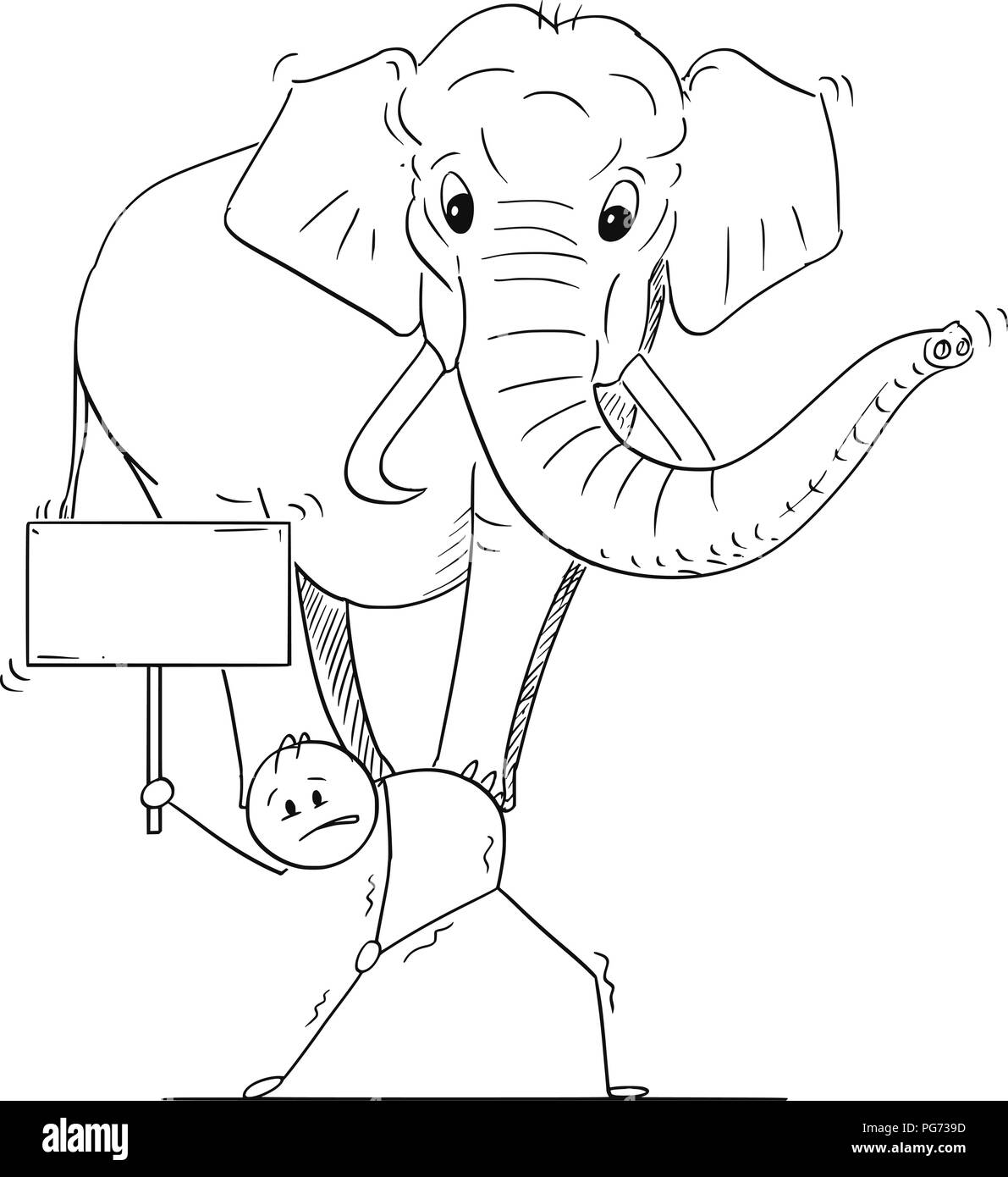 Cartoon von Mann oder Geschäftsmann, die Elefanten auf den Rücken und Halten leere Zeichen Stock Vektor