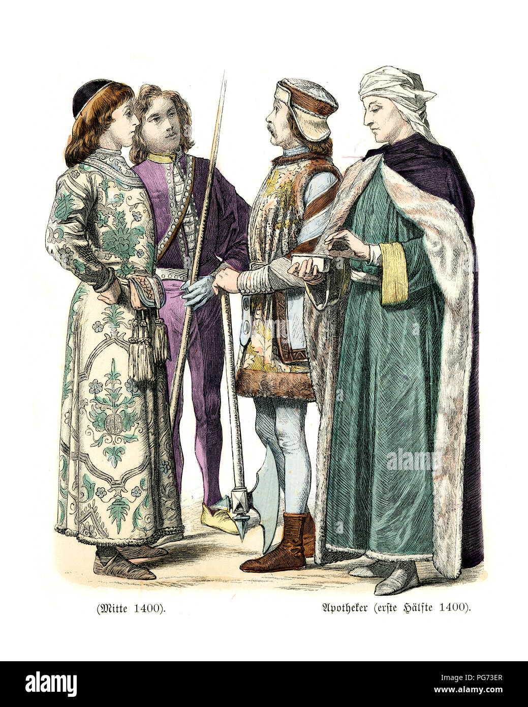 Mode des 15. Jahrhunderts in Italien. Italienische Männer und Apotheke Stockfoto
