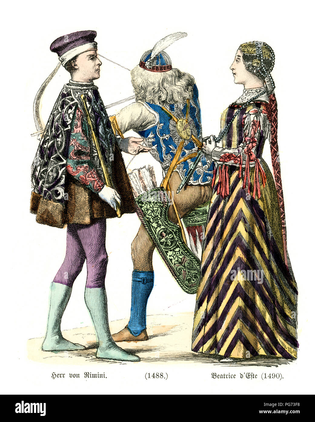 Mode des 15. Jahrhunderts in Italien. Mann von Rimini, 1488, Bogenschütze, Beatrice d'Este Herzogin von Bari und Mailand durch Eheschließung mit Ludovico Sforza (bekannt als "il Mo Stockfoto