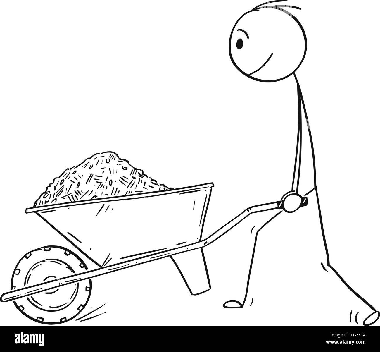 Cartoon von Mann drücken Schubkarre mit Erde, Schlamm, Sand oder Mulch. Stock Vektor
