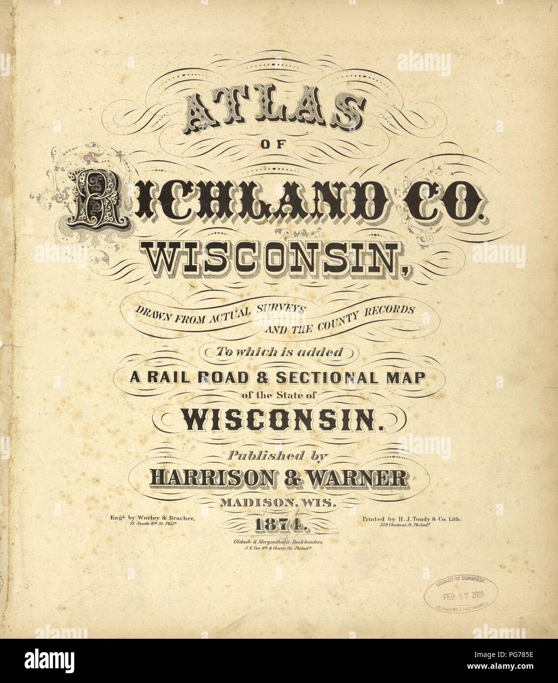 Atlas von Richland Co., Wisconsin - von der tatsächlichen Erhebungen und die Grafschaft Datensätze, an dem eine Rail Road & Schnitt Karte der Staat Wisconsin hinzugefügt erstellt Stockfoto