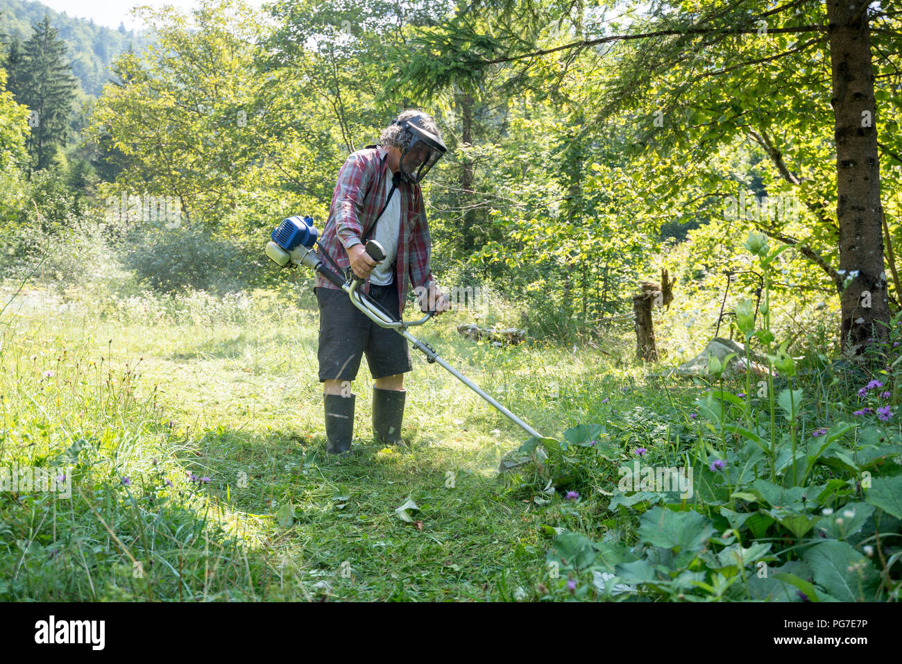Mann durch das Tragen von schützender helm mit Brille, seine Augen zu schützen, solange schneiden den Rasen mit Weed eater mit grünen Bäumen. Stockfoto