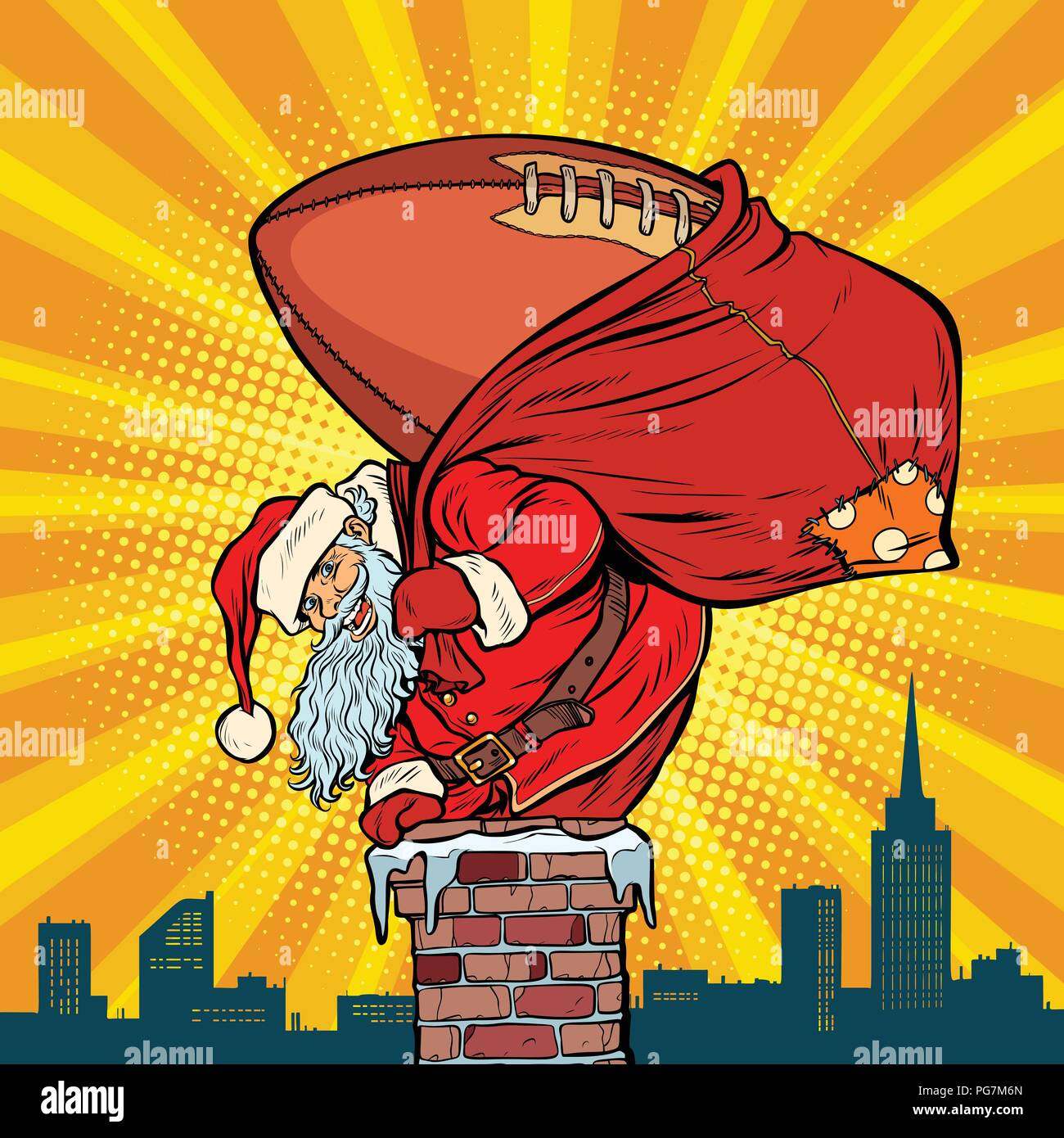 American football Ball. Weihnachtsmann mit Geschenken steigt in die C Stock Vektor