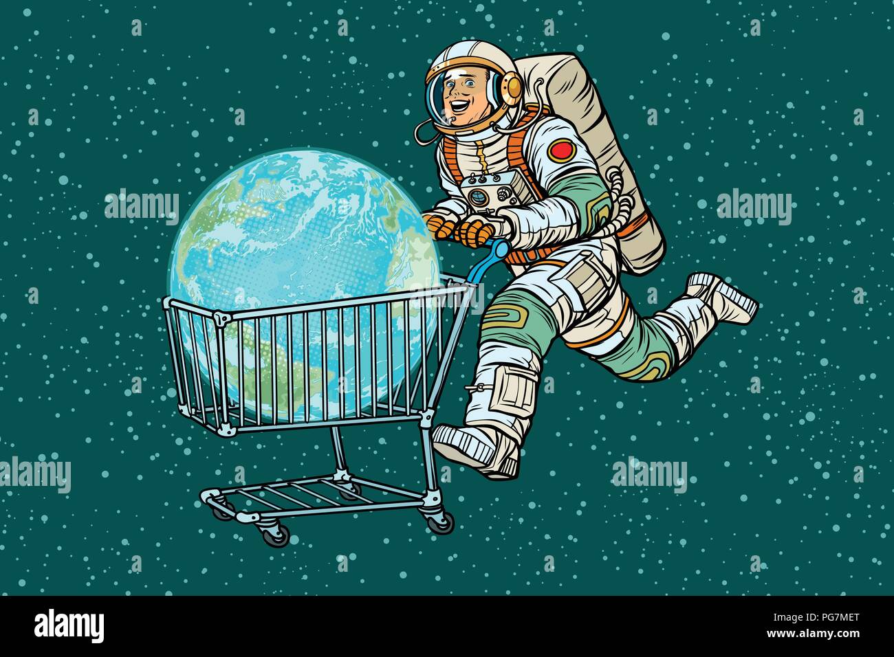 Planet Erde gekauft, die Astronaut, Warenkorb trolley Verkauf Stock Vektor
