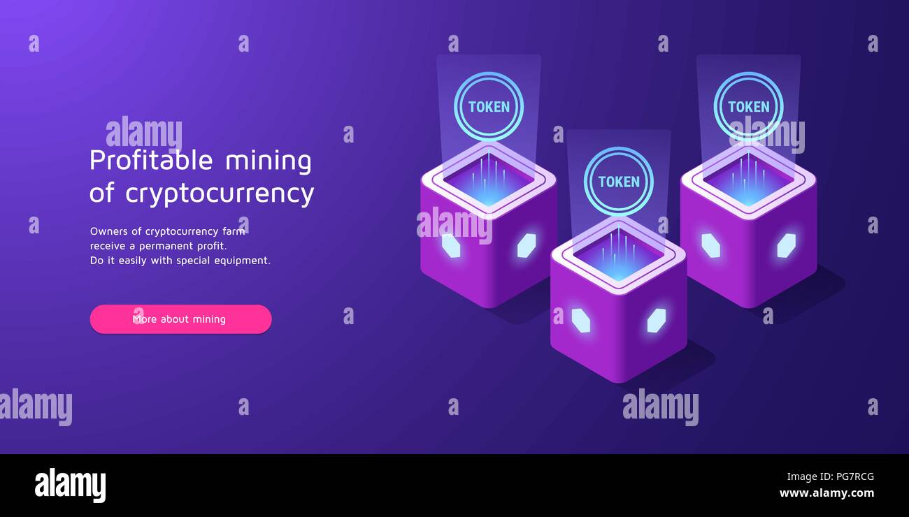 Abbau von cryptocurrency, Blockchain Technologie. Vector Illustration von Token Bergbau, Konzept der blockchain Ausrüstung in isometrischer Stil für die Landung p Stock Vektor