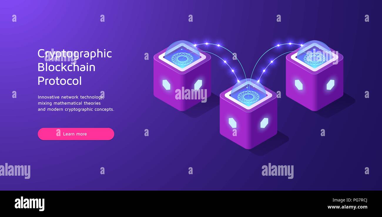 Kryptografische Protokoll für den Datenaustausch in der Blockchain Technologie. Vector Illustration von Cryptocurrency Transaktionen in isometrischer Stil für blockchain Stock Vektor