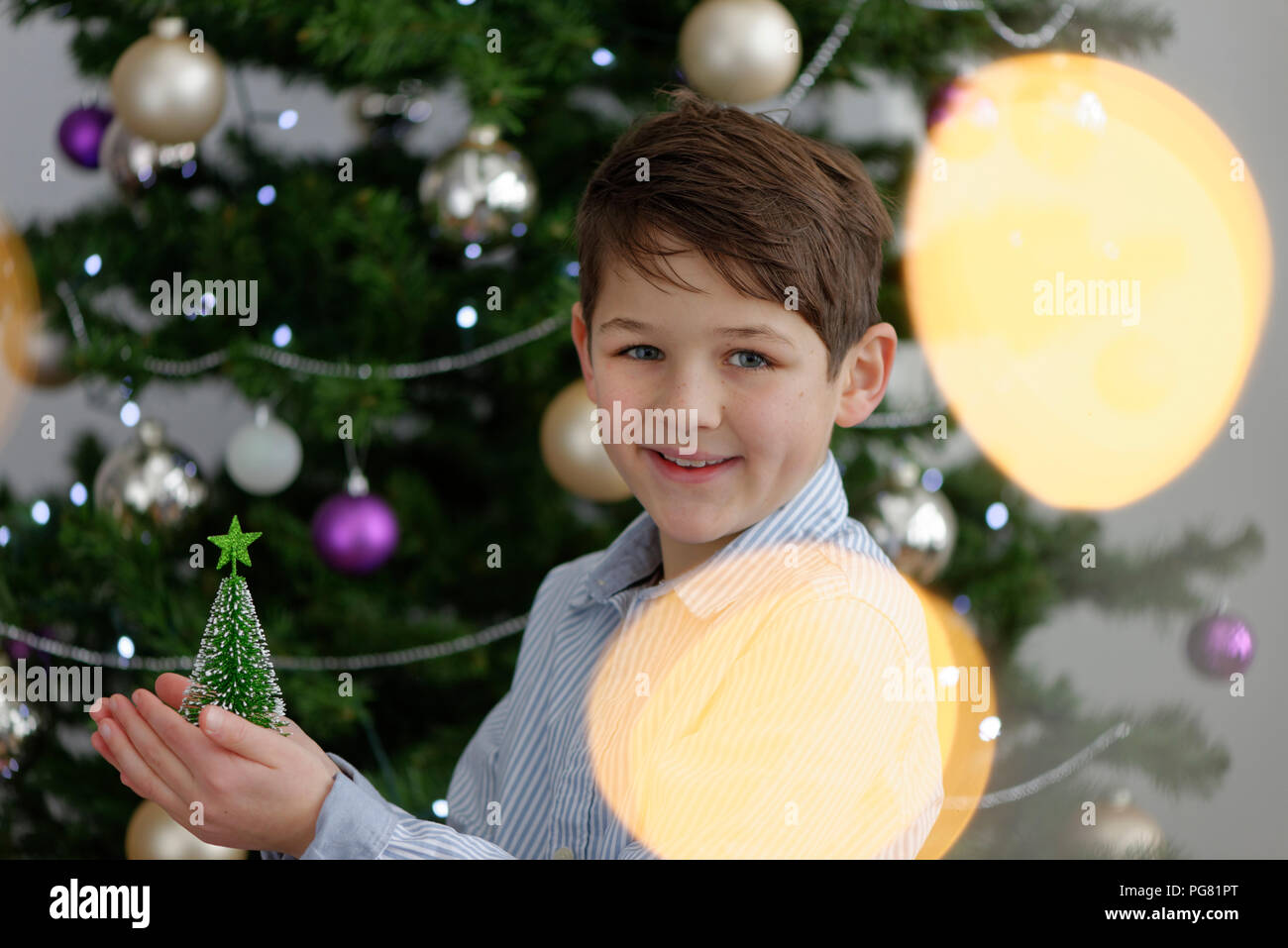 Portrait von lächelnden kleinen Jungen mit Miniatur Weihnachtsbaum Stockfoto
