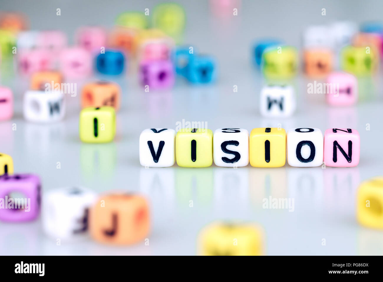 Vision Wort auf bunte Würfel mit Bokeh cube Wort block Hintergrund Stockfoto