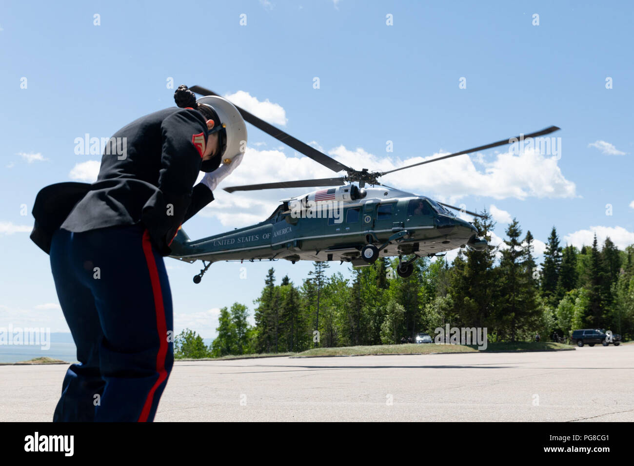 Präsident Donald J. Trumpf ankommt Charlevoix, Quebec, Fairmont Le Manoir Richelieu Landing Zone. Präsident des Trump Reise zum G7-Gipfel Stockfoto