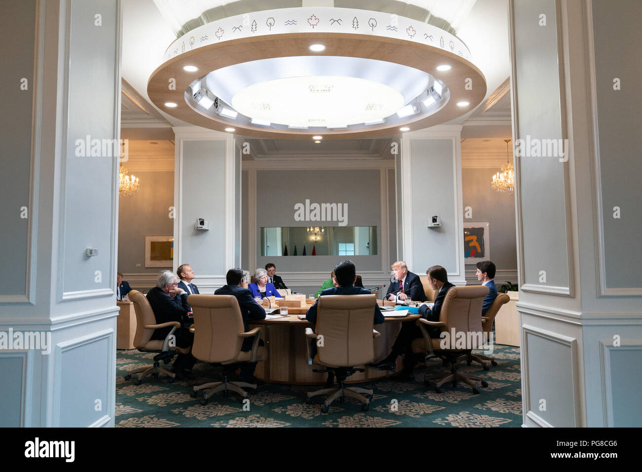 Präsident Donald J. Trumpf an einer Arbeitssitzung auf dem G7-Gipfel | Juni 8, 2018 President's Trump Reise zum G7-Gipfel Stockfoto