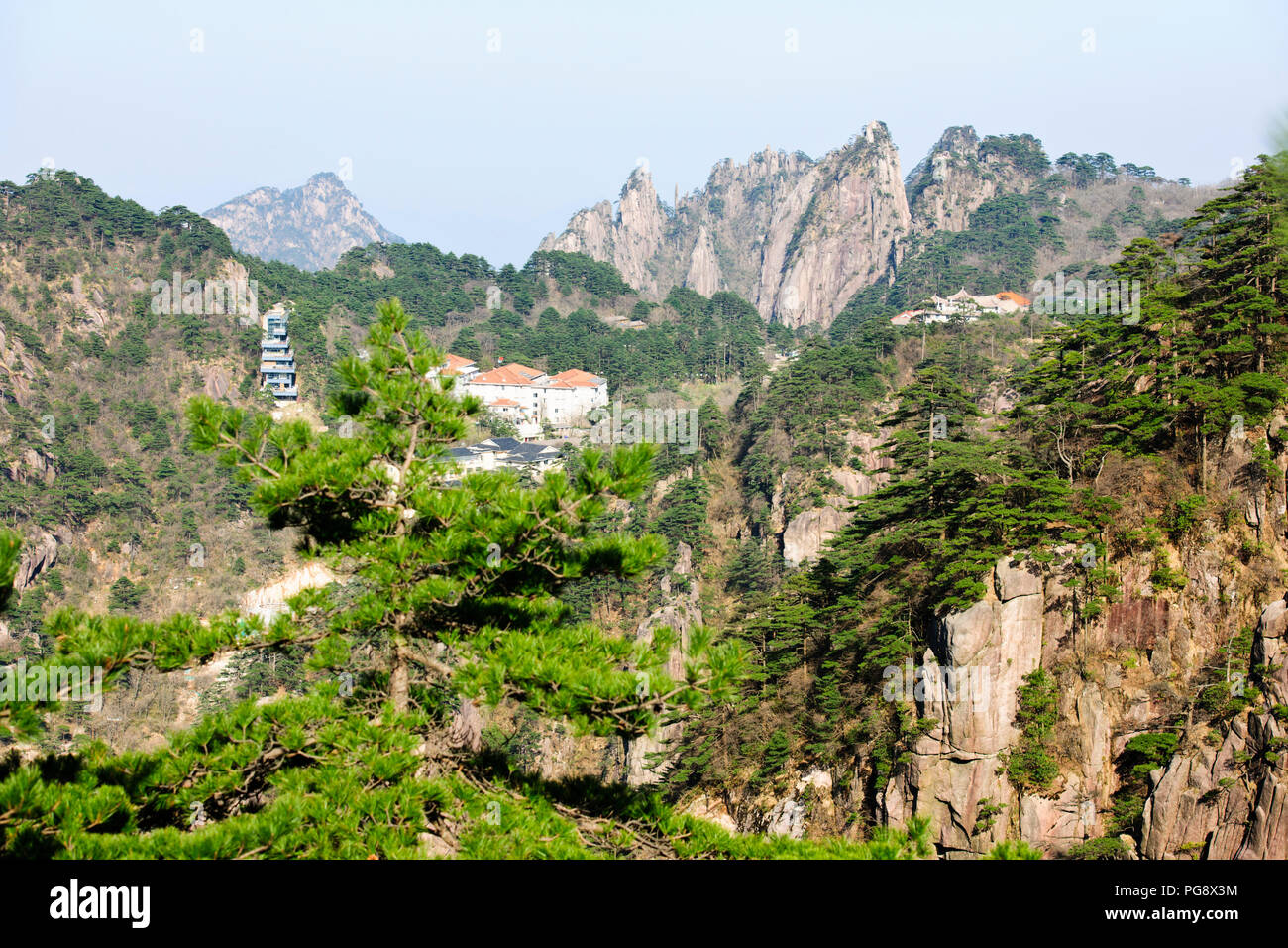 Twisted Kiefern, Wolken, Pinacles, Felsen, Berge, RocksYellow Jaingxi Huang Shan, Provinz, China, VR China, Volksrepublik China Stockfoto