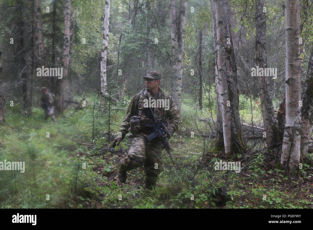 Ein Fallschirmjäger mit einer Firma, 1.BATAILLON, 501 Fallschirm Infanterie Regiment, tippt seine Ferse als Zeichen der Pace-zählen zu seinen Soldaten während einer Training Mission am Joint Base Elmendorf-Richardson, Alaska, 21 Aug, 2018. Nach der Ferse, tippen Sie eine Hand Signal folgt die Entfernung in Hunderte von Metern bis zu Kilometern hin. Die verschwommenheit der Fallschirmjäger ist aufgrund der niedrigen Temperaturen, hohe Luftfeuchtigkeit verursacht, der Umwelt. (U.S. Armee Foto von Sgt. Alexander Skripnichuk) Stockfoto