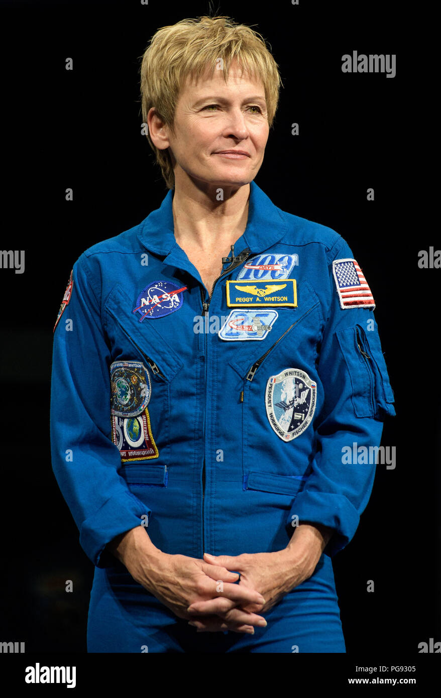 NASA-Astronautin Peggy Whitson ist während eines Interviews, Freitag, 2. März 2018 des Smithsonian National Air und Space Museum in Washington gesehen. Whitson verbrachte 288 Tage an Bord der Internationalen Raumstation als Mitglied der Expedition 50, 51 und 52, die Durchführung von vier Außenbordeinsätze und Hunderte von Experimenten in der Biologie, Biotechnologie, Physik und Geowissenschaften während Ihres Aufenthaltes. Stockfoto