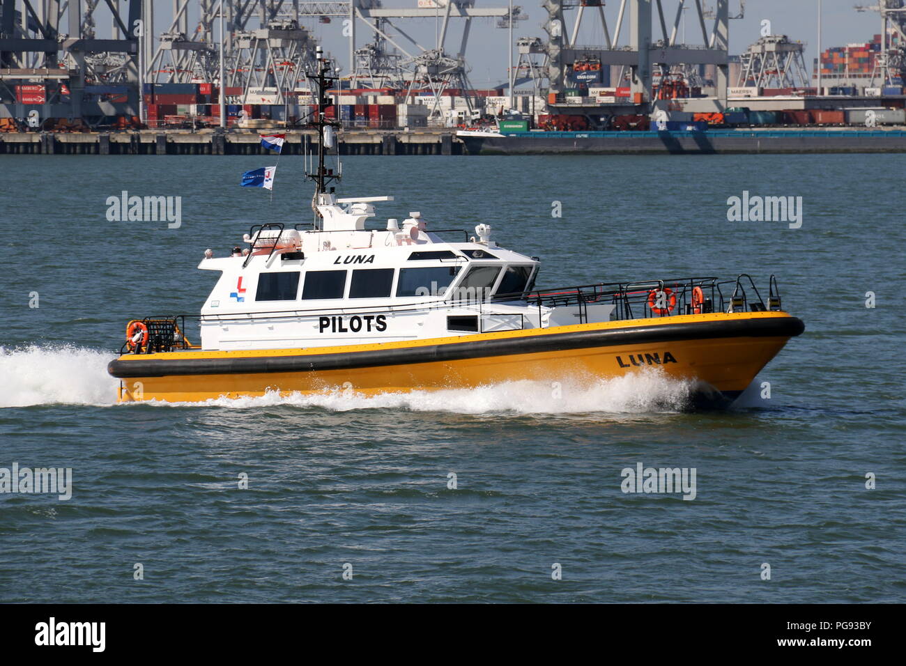 Der Pilot Boot Luna der Hafen von Rotterdam am 13. Juli 2018 verläßt. Stockfoto