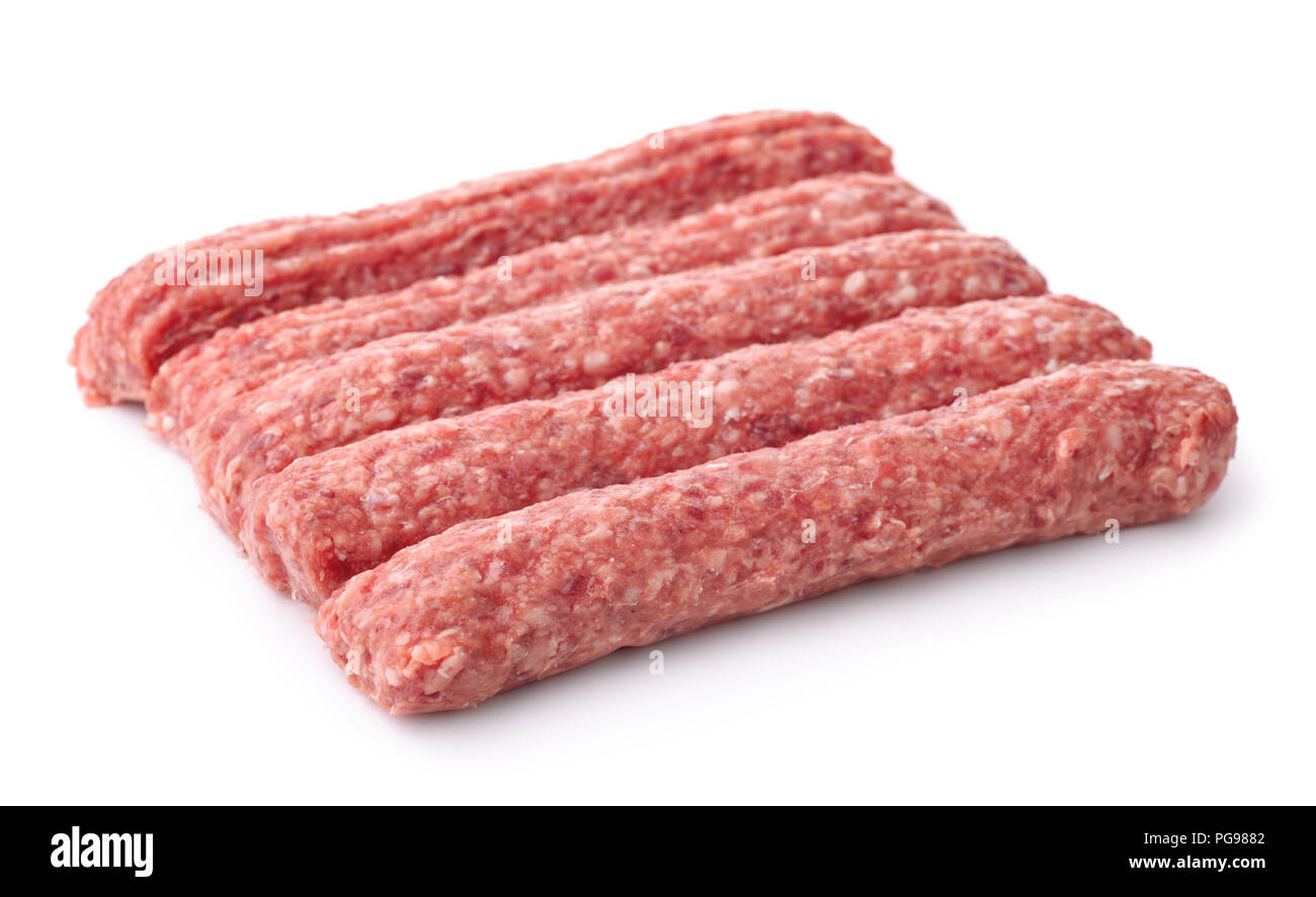 Zeile frisches rohes Rindfleisch Döner isoliert auf weißem Stockfoto