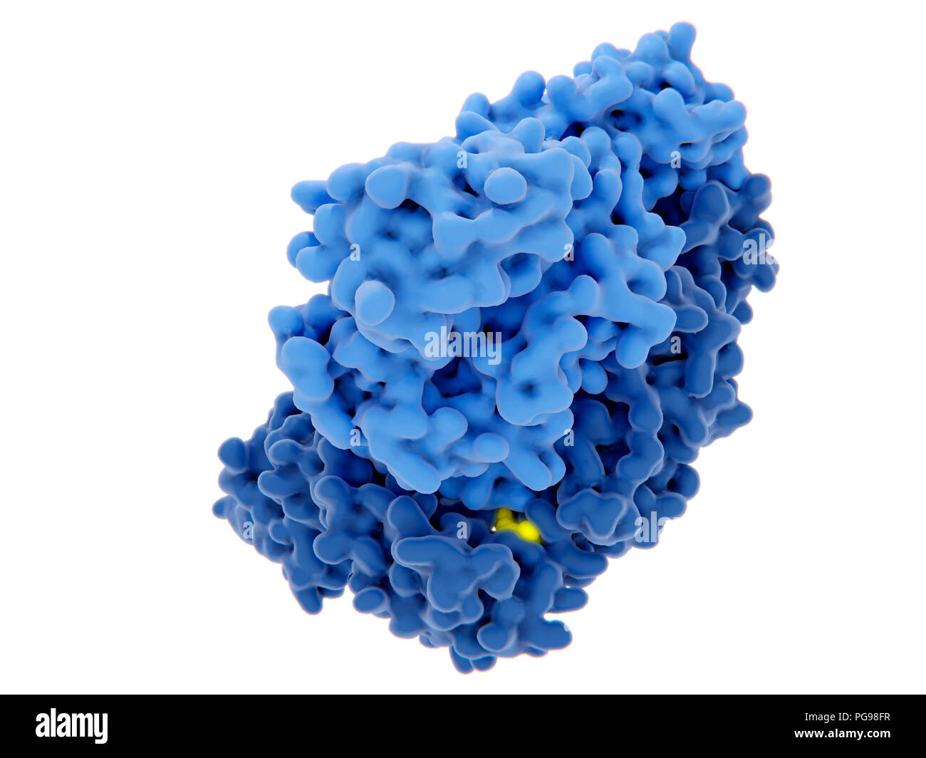 Die reverse Transkriptase von HIV-1-Hemmung, Illustration. Das human immunodeficiency virus Einzelstrang-RNA-Genom in Doppel umgewandelt wird Doppelstrang-DNA, die von der viralen reversen Transkriptase (blau) und dann die DNA in die DNA der infizierten menschlichen Zelle integriert ist. Die reverse Transkriptase ist eines der wichtigsten Ziele der Virus Vermehrung durch einen Inhibitor zu stören. Es gibt Nukleosid und Nukleotid-hemmer, nicht-nukleosidische Hemmer. Eine dieser Inhibitoren (Gelb) angezeigt wird, die Bindung an die reverse Transkriptase. Stockfoto