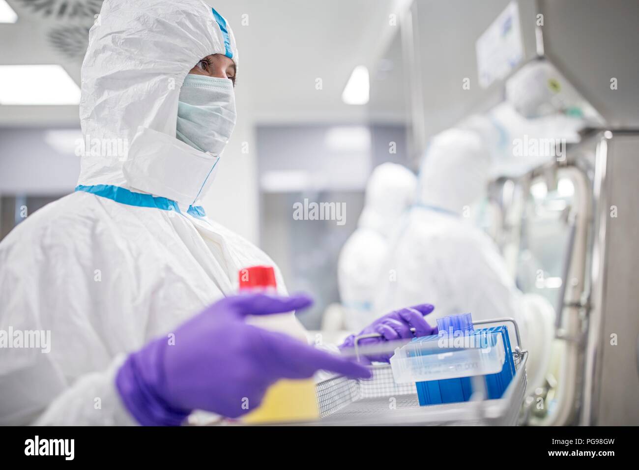 Techniker Ausrüstung, die in einem Labor, das menschliche Gewebe zur Implantation. Solche Gewebe gehören Knochen und Haut. Stockfoto