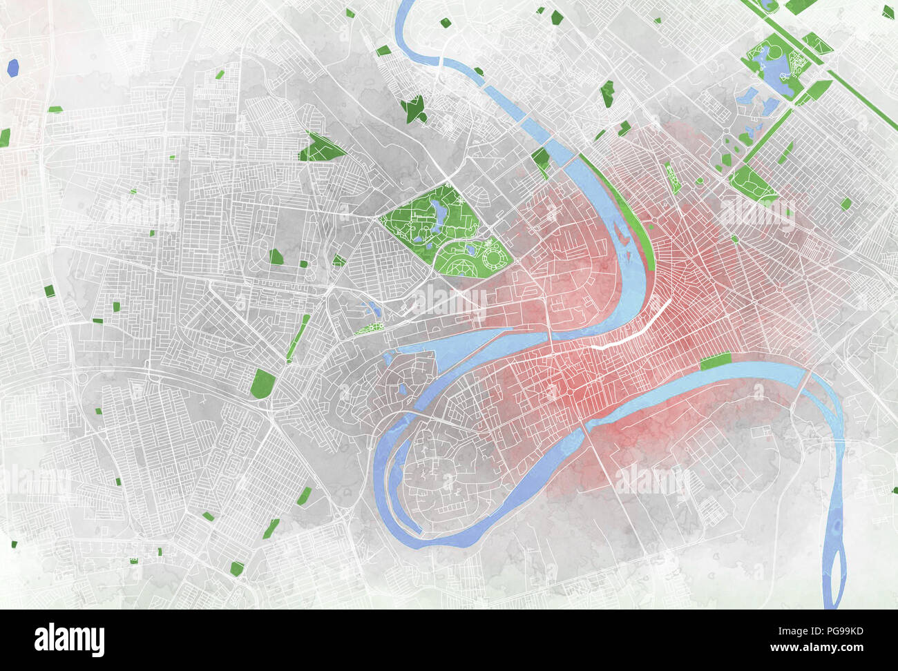 Karte von Bagdad, Satelliten-, Stadt, Straßen, Parks und Flüssen. Irak Stockfoto