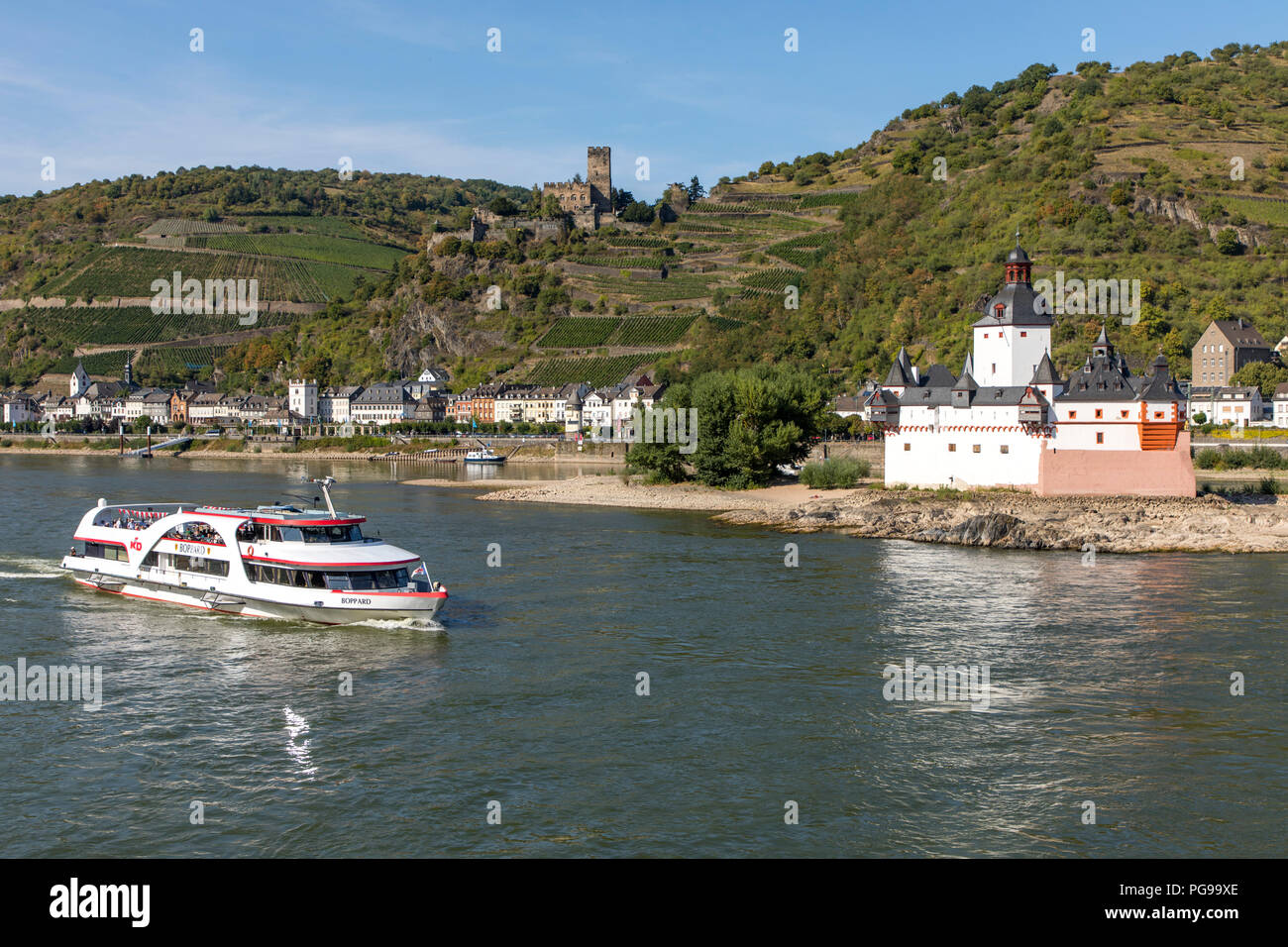 Burg Gutenfels Pfalzgrafenstein, rechts, in der Nähe von Kaub, Rheingau, im UNESCO-Welterbe Oberes Mittelrheintal. Stockfoto