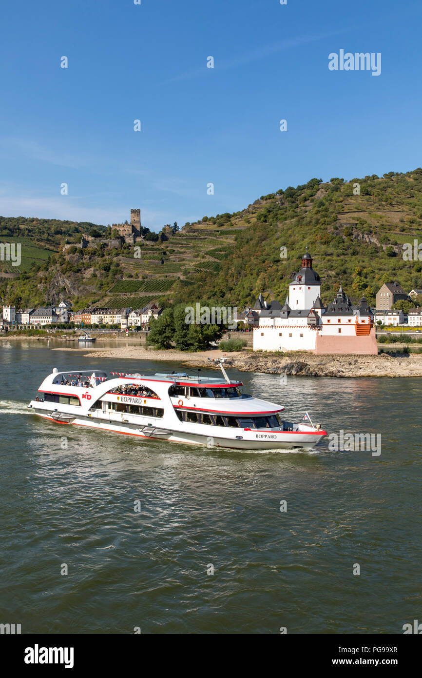 Burg Gutenfels Pfalzgrafenstein, rechts, in der Nähe von Kaub, Rheingau, im UNESCO-Welterbe Oberes Mittelrheintal. Stockfoto