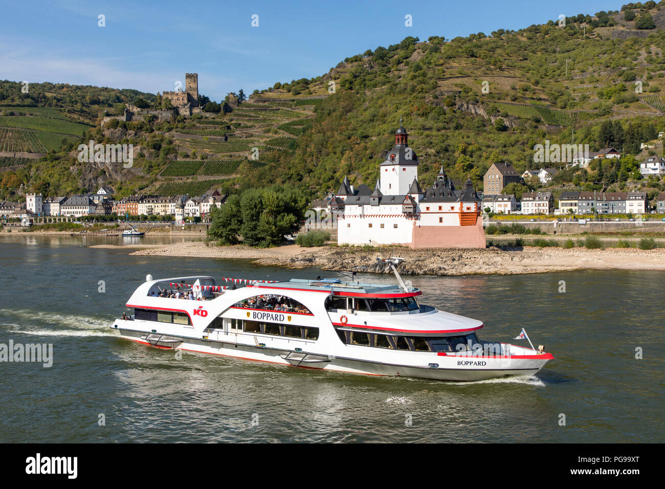 Burg Gutenfels Pfalzgrafenstein, rechts, in der Nähe von Kaub, Rheingau, im UNESCO-Welterbe Oberes Mittelrheintal. Stockfoto