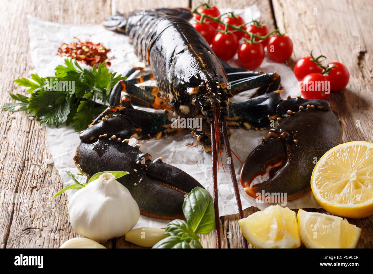 Meeresfrüchte Hintergrund: raw Hummer mit Zutaten close-up auf einem Holztisch. Horizontale, rustikal Stockfoto