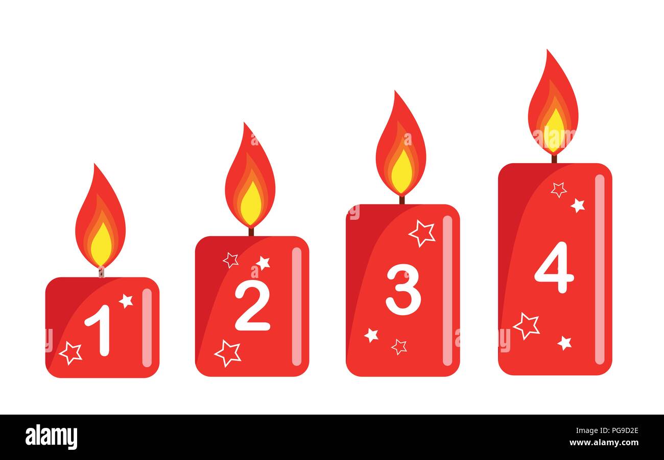 Vier rote beleuchtete Advents Kerze weißer Hintergrund zahlen Vektor-illustration EPS 10. Stock Vektor