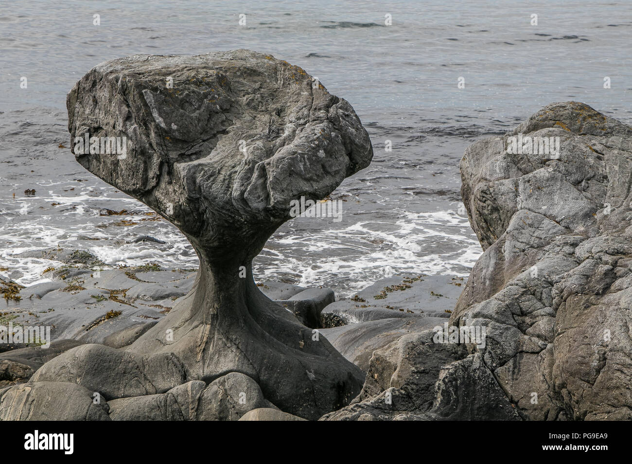 Berühmte Kannesteinen-a Coastal rock mit sehr charakteristische Form, in der Nähe von Maloy, Norwegen. Stockfoto