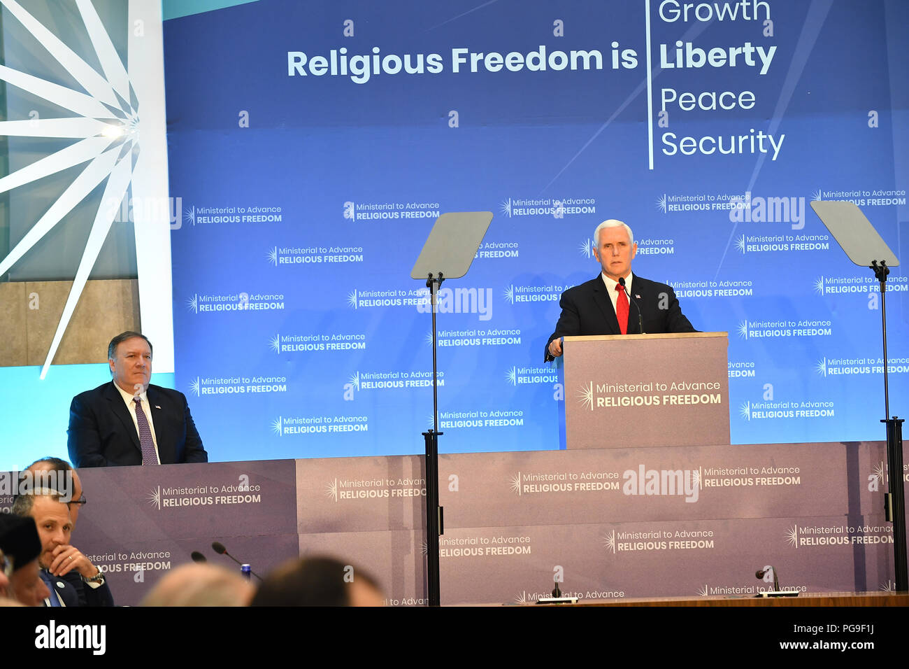 Vice President Pence liefert Erläuterungen auf der Ministerkonferenz zu Voraus Religionsfreiheit am 26. Juli 2018 des US-Außenministeriums, in Washington, D.C. Stockfoto