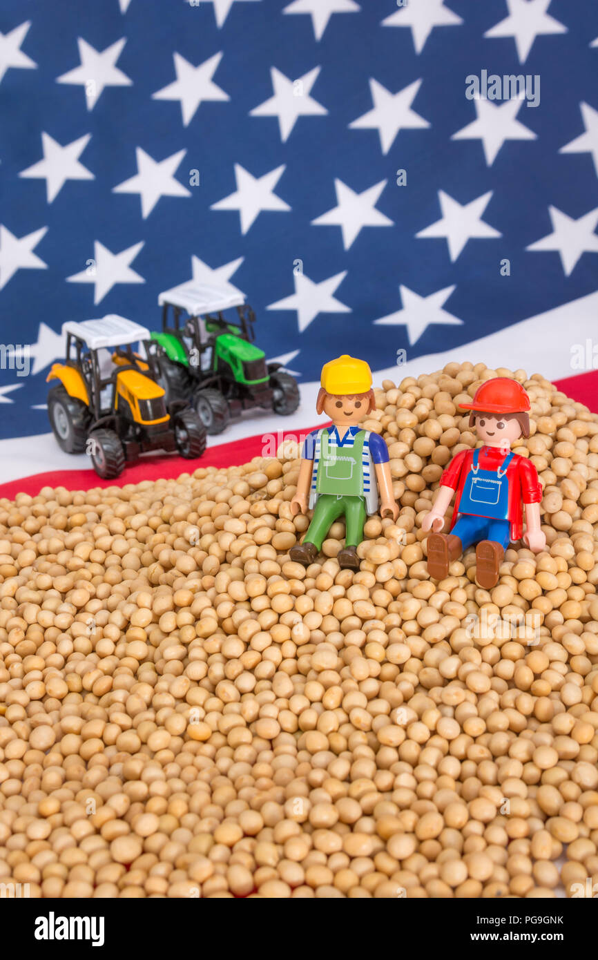 Amerikanische Flagge mit gestapelten Sojabohnen. Für US-China Handelskrieg, China Handelszölle, US-Sojabohnenanbau, Sojabohnenzukunft-Markt, amerikanische Landwirte. Stockfoto