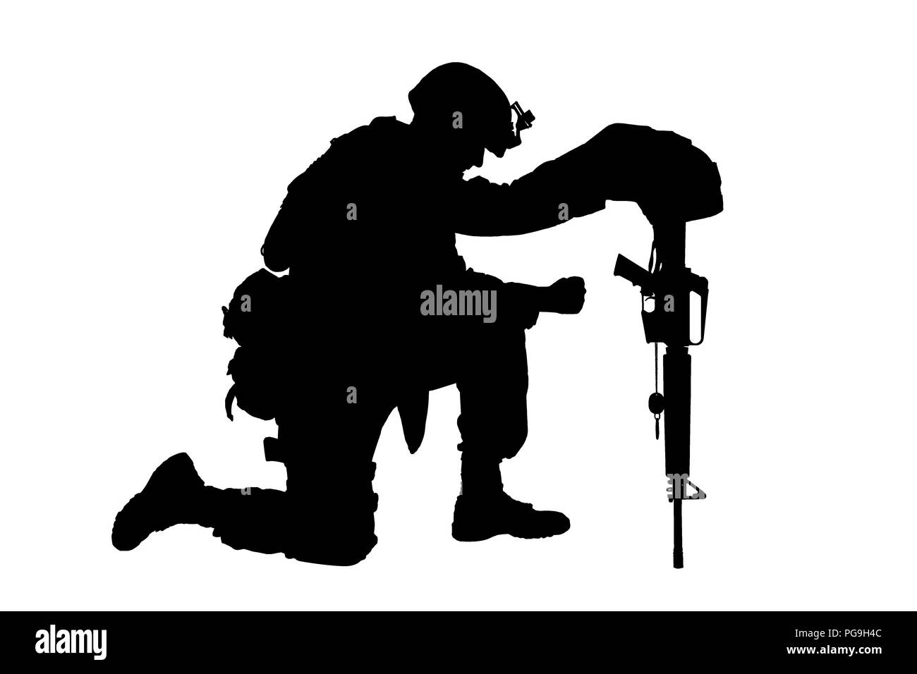 Traurig Soldat kniend, weil der Freund Tod Stockfoto