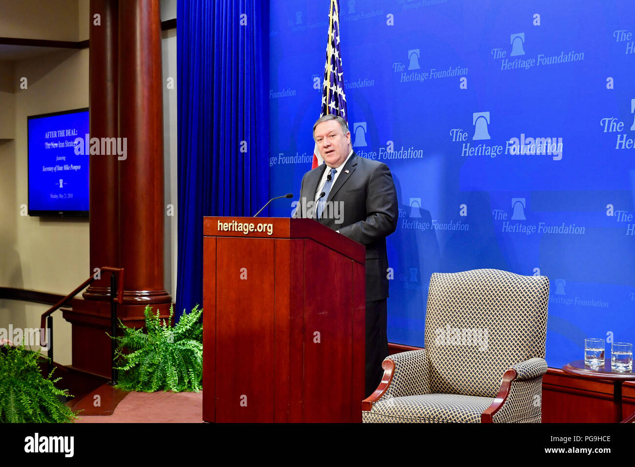 Us-Staatssekretär Mike Pompeo liefert eine Rede, "Nach dem Deal: Ein neuer Iran Strategie", bei der Heritage Foundation in Washington, D.C, am 21. Mai 2018. Stockfoto