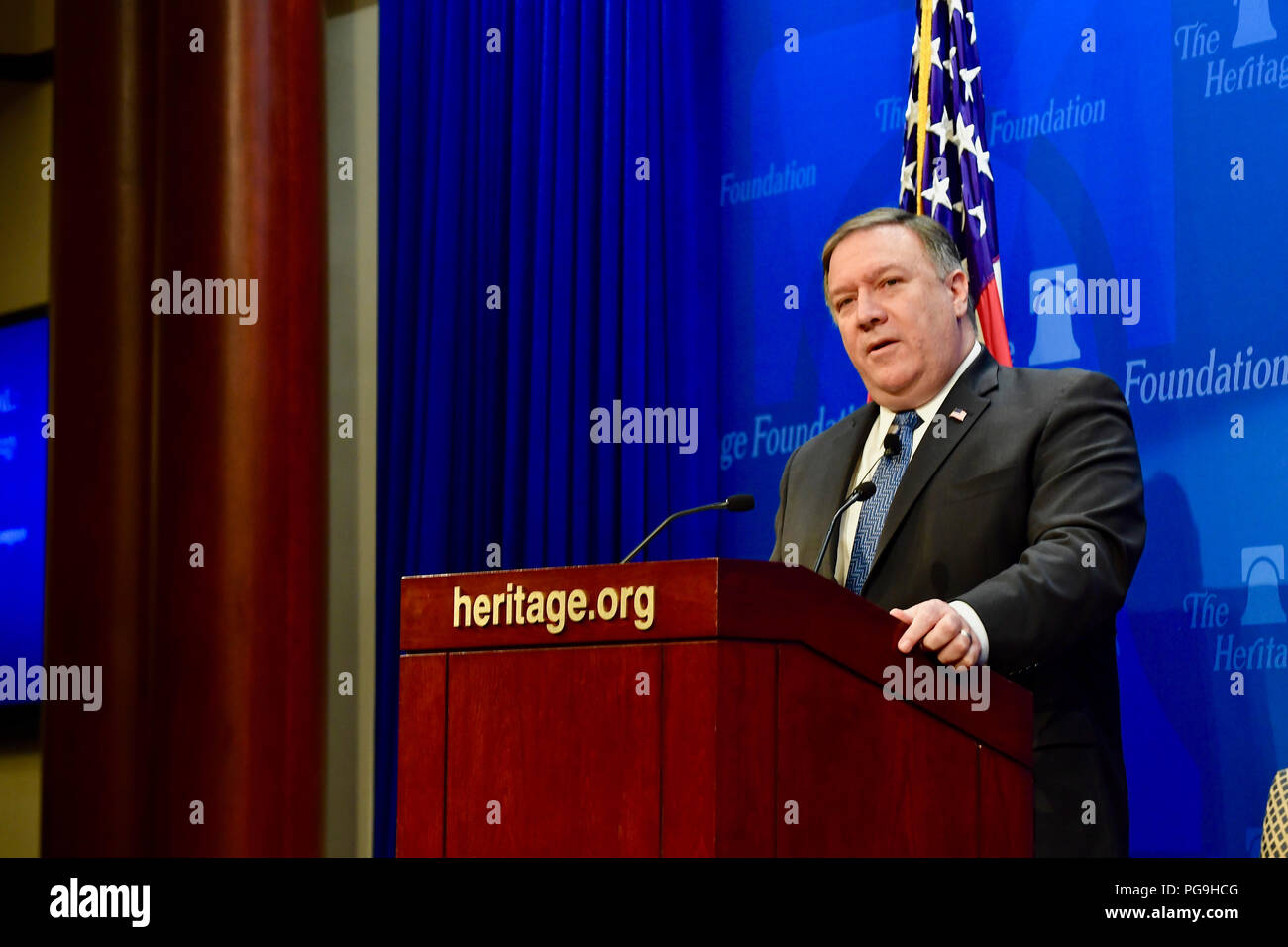 Us-Staatssekretär Mike Pompeo liefert eine Rede, "Nach dem Deal: Ein neuer Iran Strategie", bei der Heritage Foundation in Washington, D.C, am 21. Mai 2018. Stockfoto
