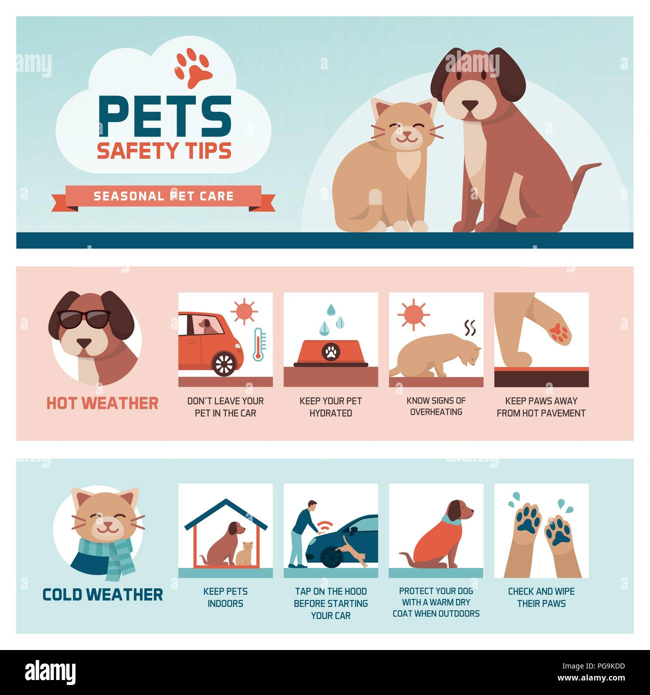 Saisonale pet Sicherheitstipps Infografik mit Symbolen: Wie ihr Haustier vor Hitze und Kälte im Sommer und im Winter zu schützen. Stock Vektor