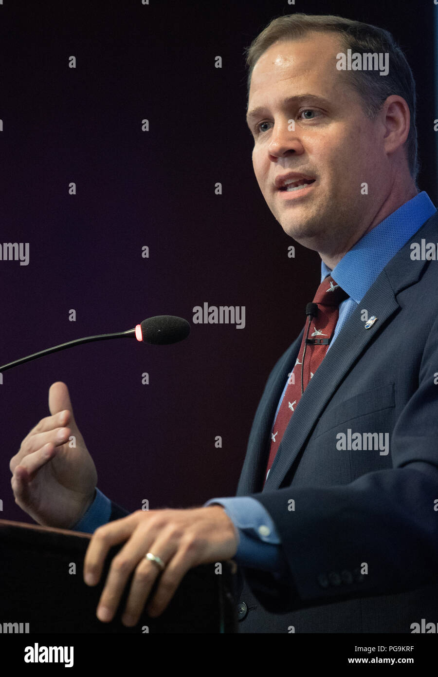 NASA-Administrator Jim Bridenstine spricht auf einer Veranstaltung der NASA feiert 60-jähriges Jubiläum am Zentrum für Strategische und Internationale Studien am Montag, 23. Juli in Washington 2018. Nach seinen Ausführungen kann der Administrator nahm an einer Podiumsdiskussion mit ehemaligen Administrator Sean O'Keefe und Charles Bolden. ( Stockfoto