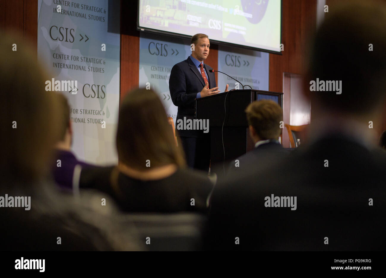 NASA-Administrator Jim Bridenstine spricht auf einer Veranstaltung der NASA feiert 60-jähriges Jubiläum am Zentrum für Strategische und Internationale Studien am Montag, 23. Juli in Washington 2018. Nach seinen Ausführungen kann der Administrator nahm an einer Podiumsdiskussion mit ehemaligen Administrator Sean O'Keefe und Charles Bolden. ( Stockfoto