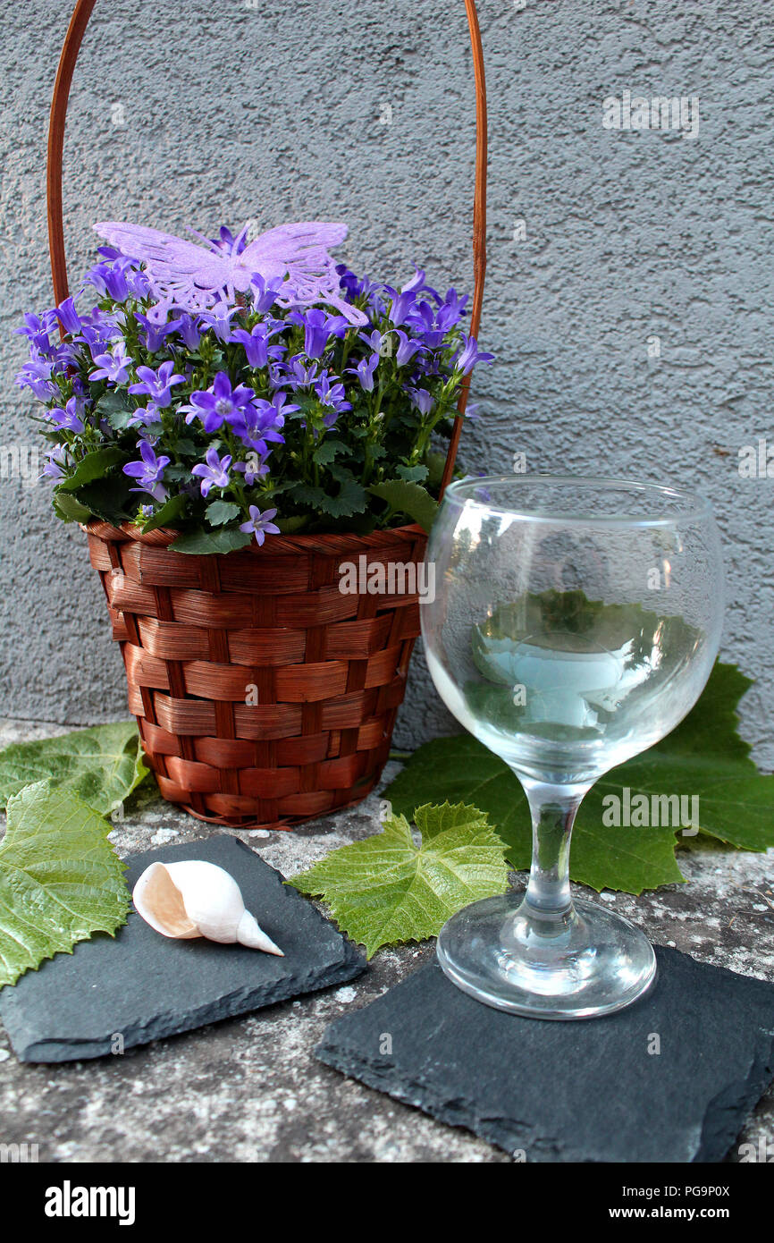 Immer noch Leben - blaue Trauben mit lila Blüten in einem Korb, grüne Blätter und leeren Glas Wein Stockfoto