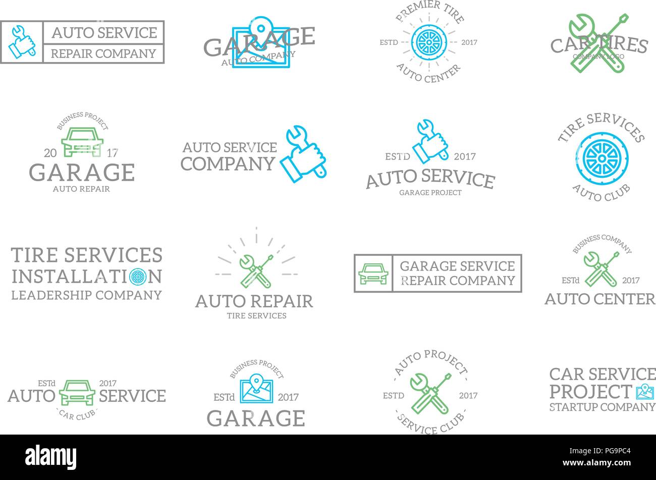 Satz von Retro vintage car service und Auto Reparatur logo oder Abzeichen, Embleme, Etiketten und Abzeichen und andere branding Objekte. Vektor Linienstil Stock Vektor