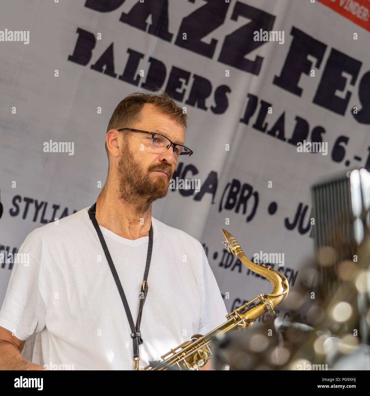 Dänische Saxophonist Anders Gårdmand beim Copenhagen Jazz Festival auf balders Plads (balder's Square), Kopenhagen Stockfoto