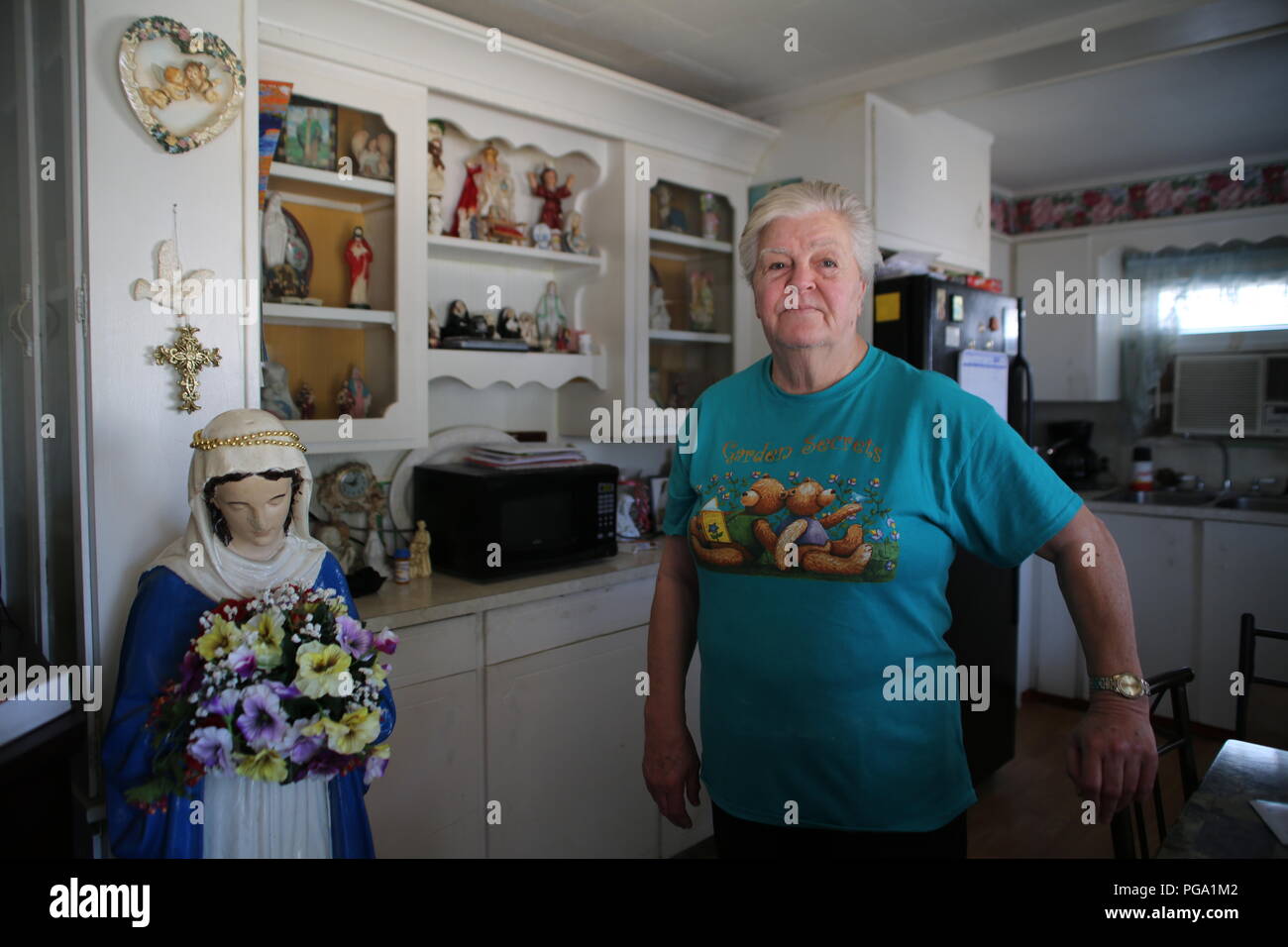 Jackie O'Hara in ihrer Anhänger, stolz von ihren jungfräulichen Maria Statue. Sie kommt aus Seattle, sie ist nicht eine irische Traveller, sondern heiratete eine vor mehr als 50 Jahren. Sie ist verwitwet und sehr gut in die Gemeinschaft integriert. Murphy Dorf, North Augusta, South Carolina ist eine Gemeinschaft von rund 2000 Irische Reisende, die dort Ende der 60er Jahre angesiedelt. Sie kauften Land, folgend der Rat der katholischen Priester Vater Murphy, die hatte auch eine katholische Kirche, St. Edward, in Murphy Dorf gebaut. Stockfoto